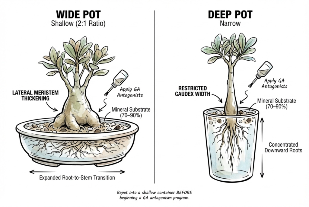 Wide and deep pot shapes considered for different caudex root systems