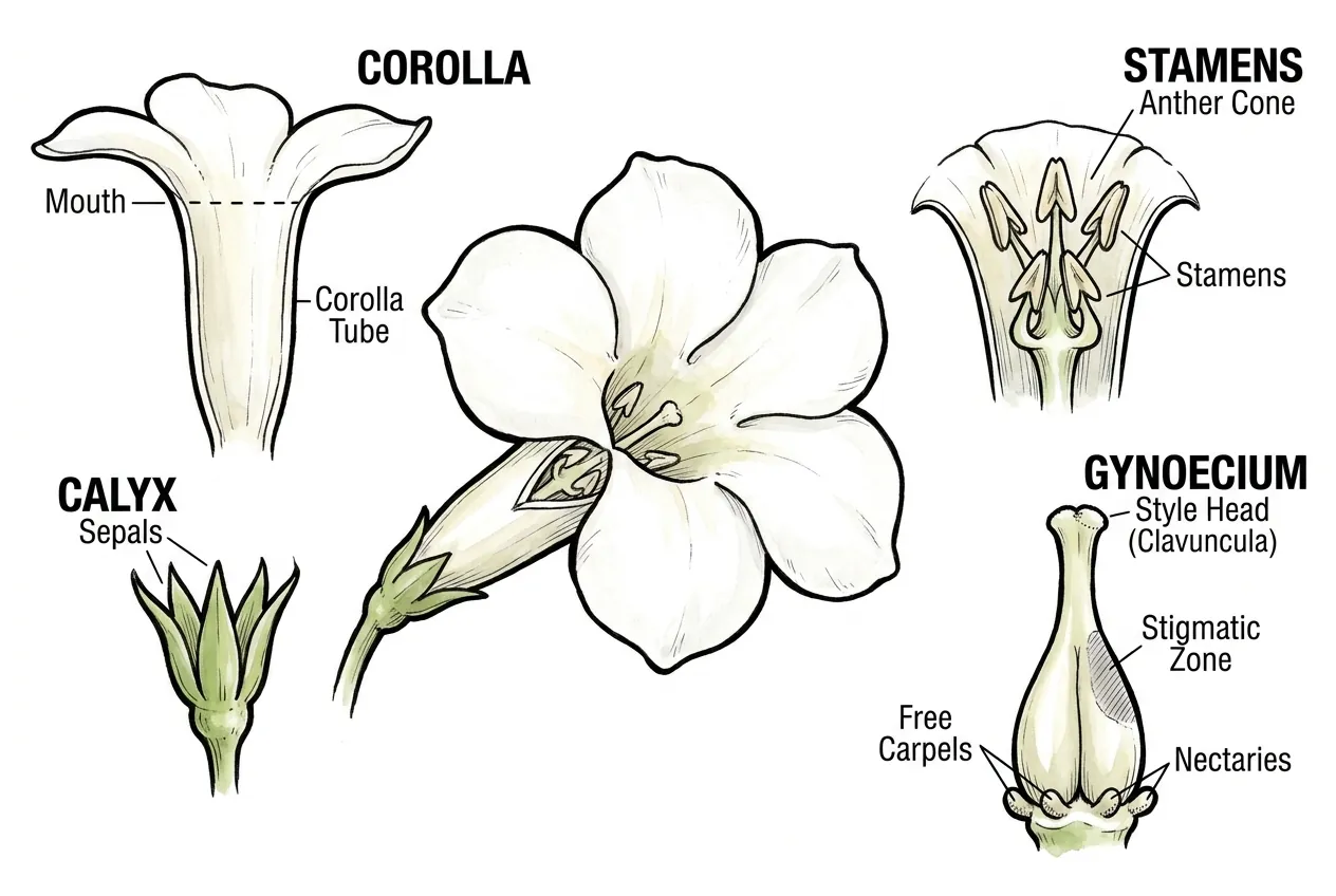 Pachypodium eburneum flower parts labelled diagram