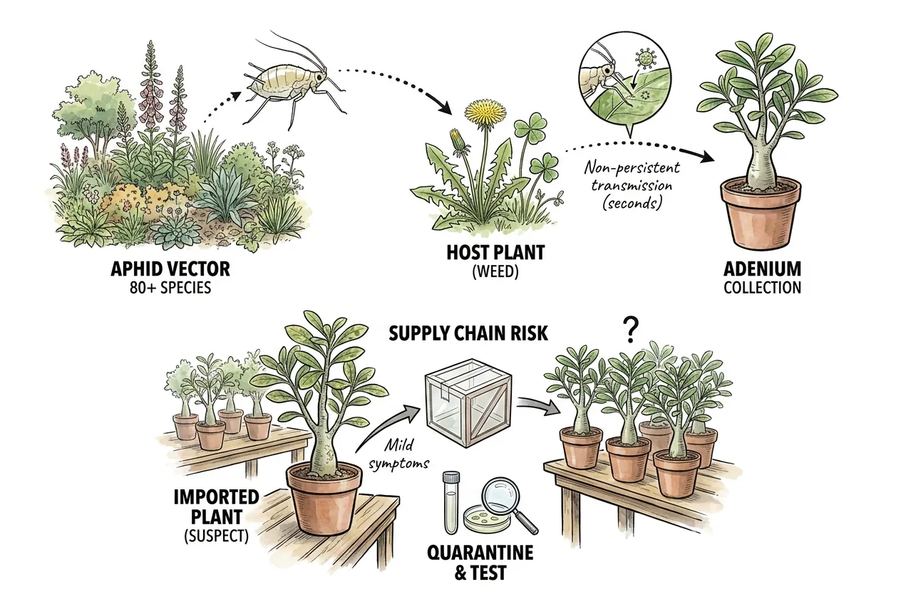 Aphid transmitting CMV virus from weed to Adenium plant