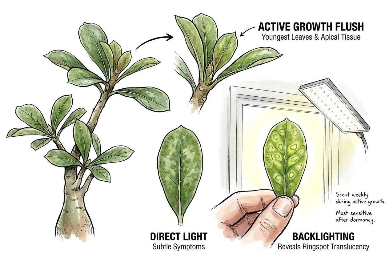 Backlit young Adenium leaves revealing subtle ringspot patterns