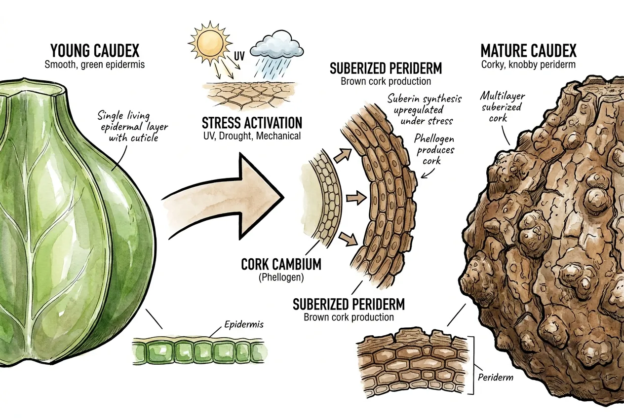 Transition from green epidermis to brown periderm on Pachypodium