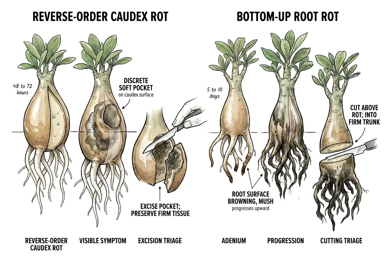 Comparison of reverse-order caudex rot and bottom-up root rot