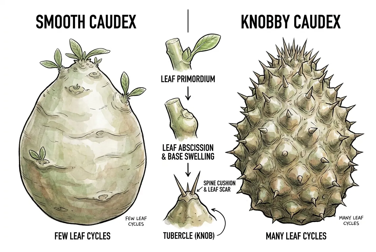 Close-up of Pachypodium tubercles with spine cushions and leaf scars