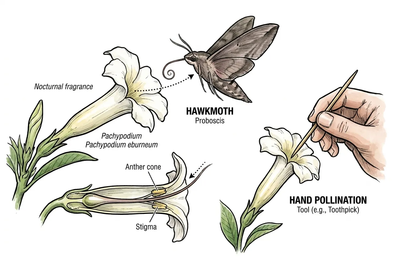 Hawkmoth pollinating a long-tubed Pachypodium eburneum flower