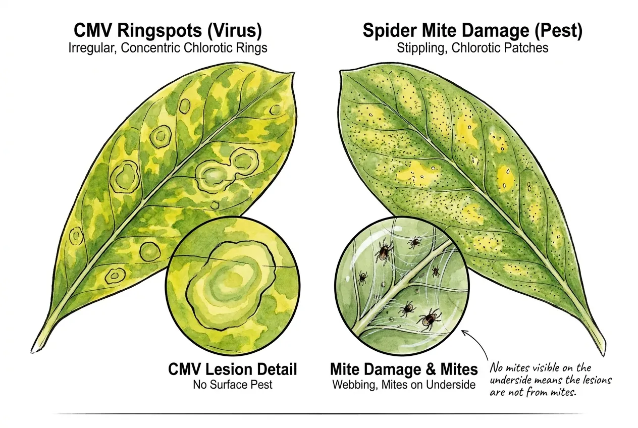Hand lens comparing mite stippling versus viral ringspots underneath leaf