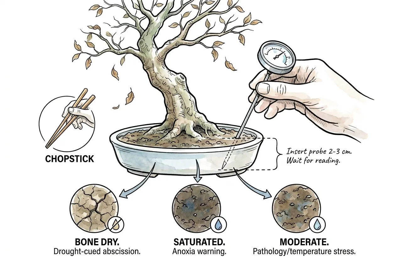 Needle moisture probe inserted into bonsai substrate