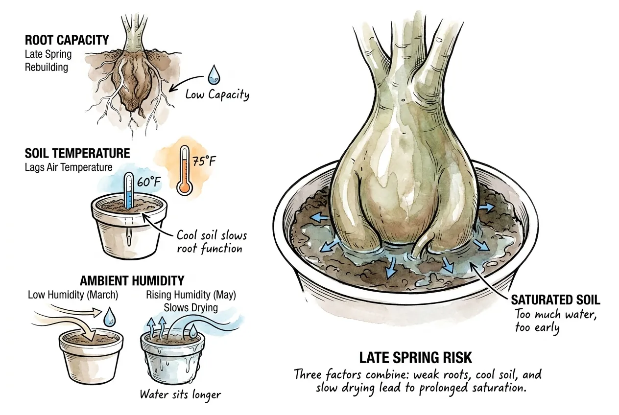 Late spring risk factors for adenium watering after dormancy