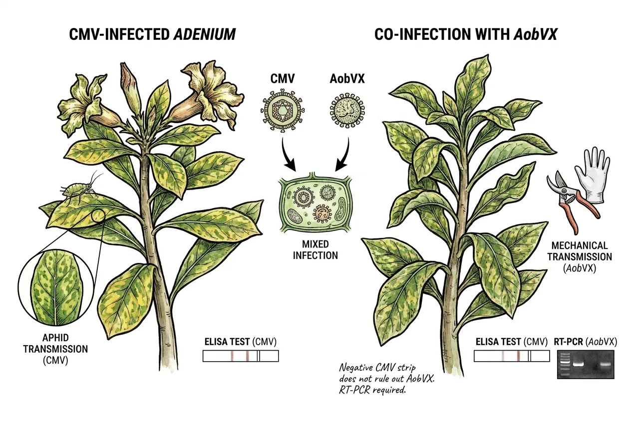 Two overlapping virus symptom patterns on single Adenium leaf