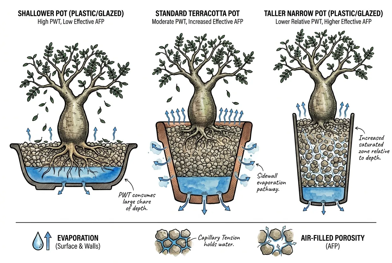 Shallow bonsai pot showing perched water table zone