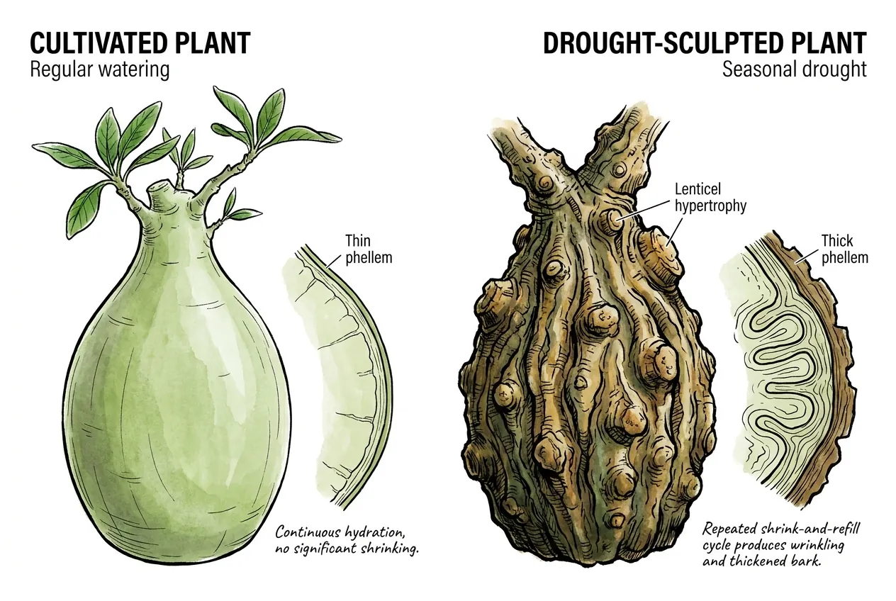 Wrinkled dehydrated wet-versus-dry season Pachypodium caudex