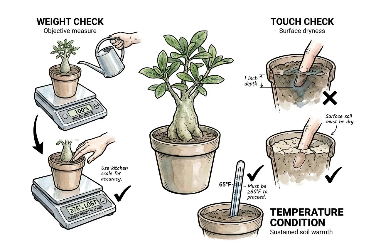 Pot weight and surface dryness check before next watering