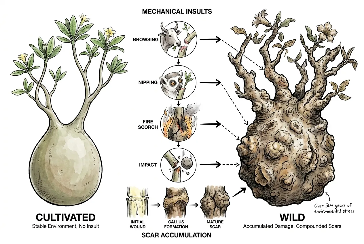 Wild Pachypodium with multiple healed herbivory and wind scars