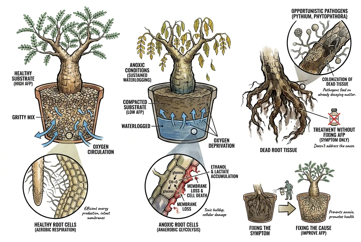 Roots dying in oxygen-starved waterlogged substrate