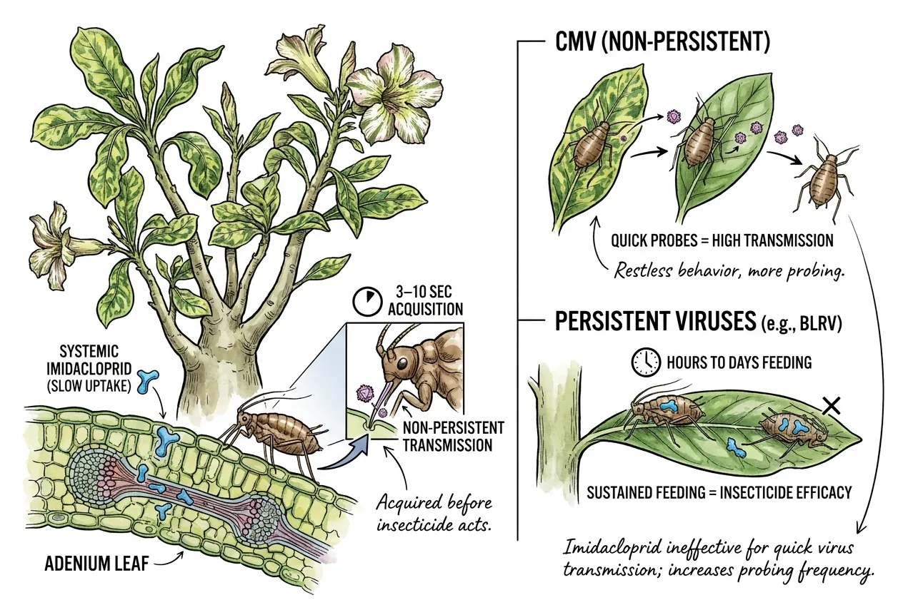 Aphid probing leaf epidermis before systemic insecticide acts