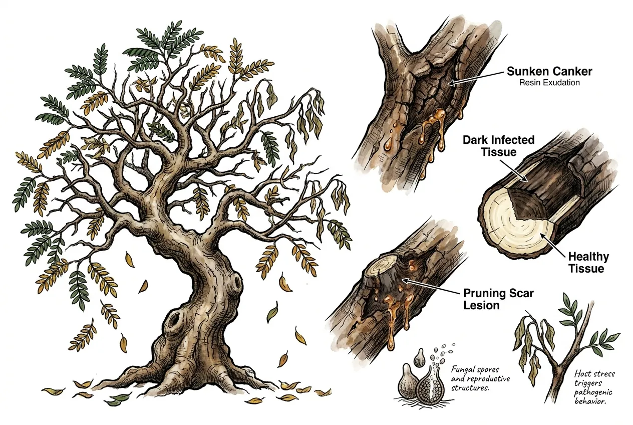 Sunken dark canker lesion on woody trunk bark