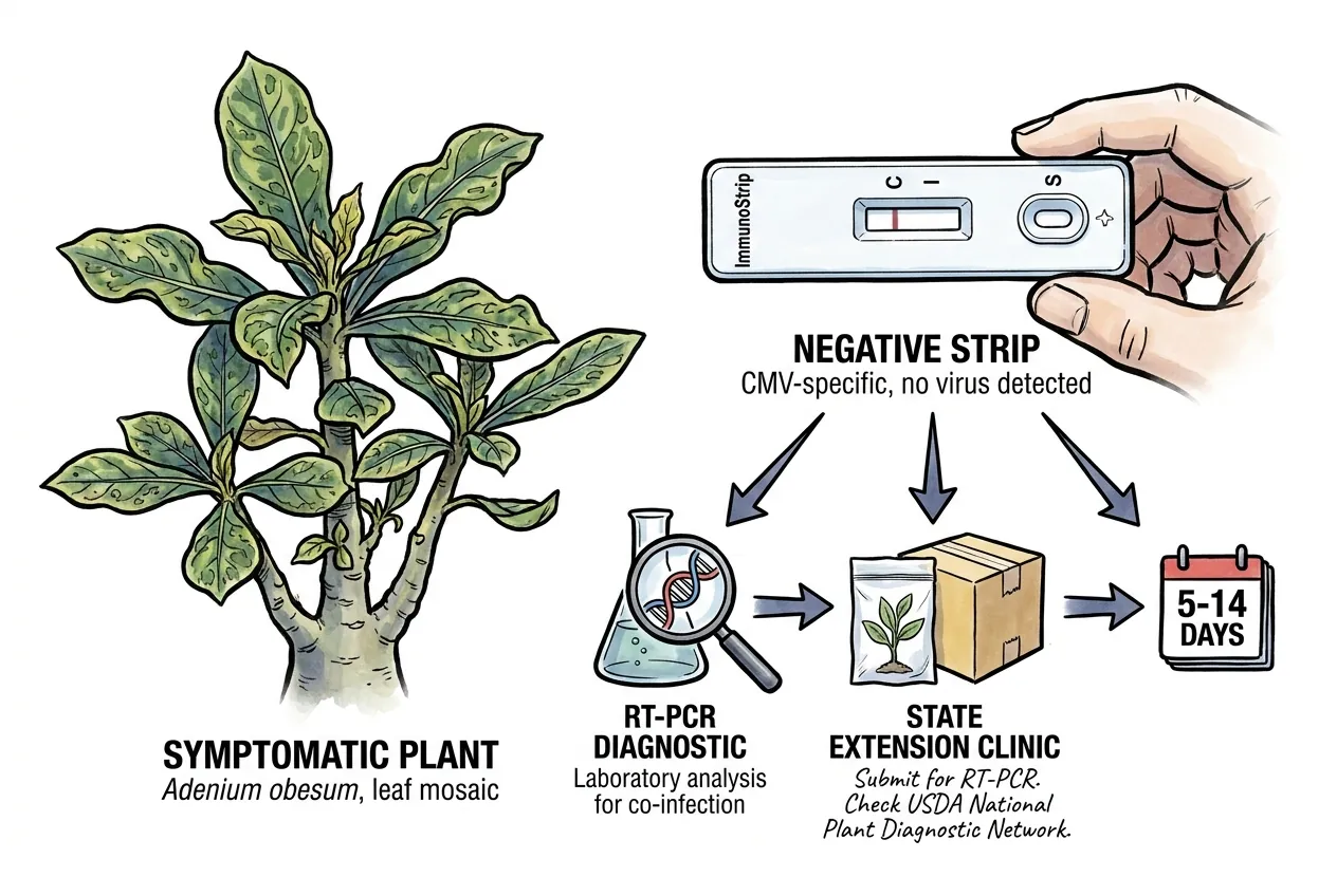 Negative ImmunoStrip beside symptomatic Adenium leaf needing RT-PCR