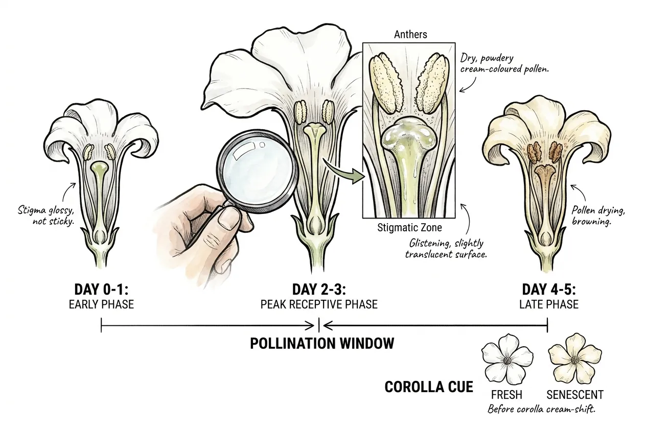 Visual and tactile readiness cues on an open Pachypodium flower