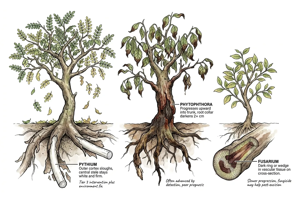 Diseased roots showing sloughing cortex and dark discoloration
