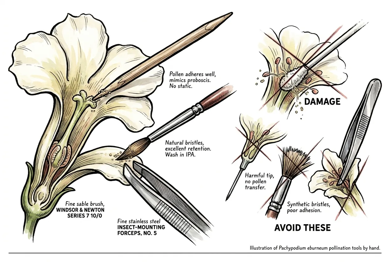 Hand pollination tools including sharpened toothpick and sable brush