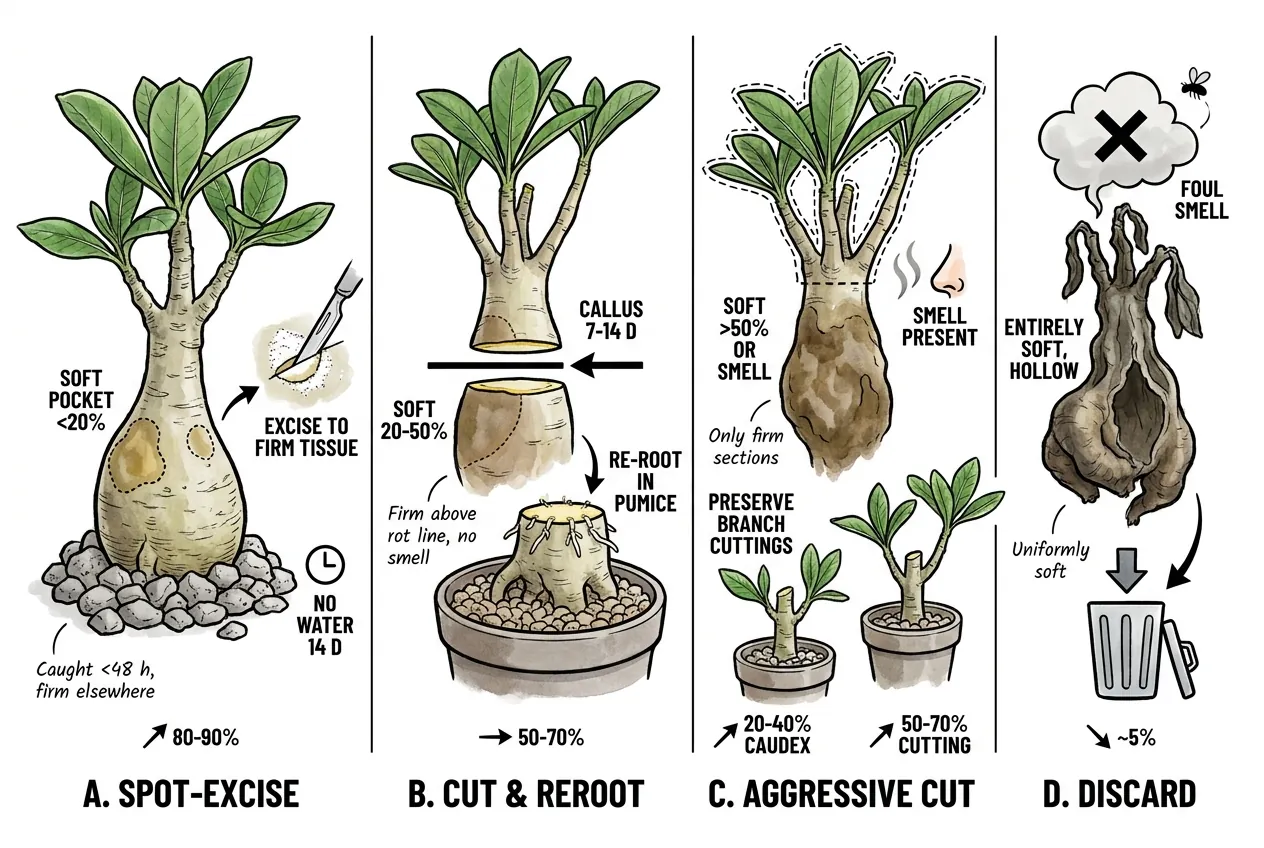 Decision tree for spot-excising or cutting rotted caudex