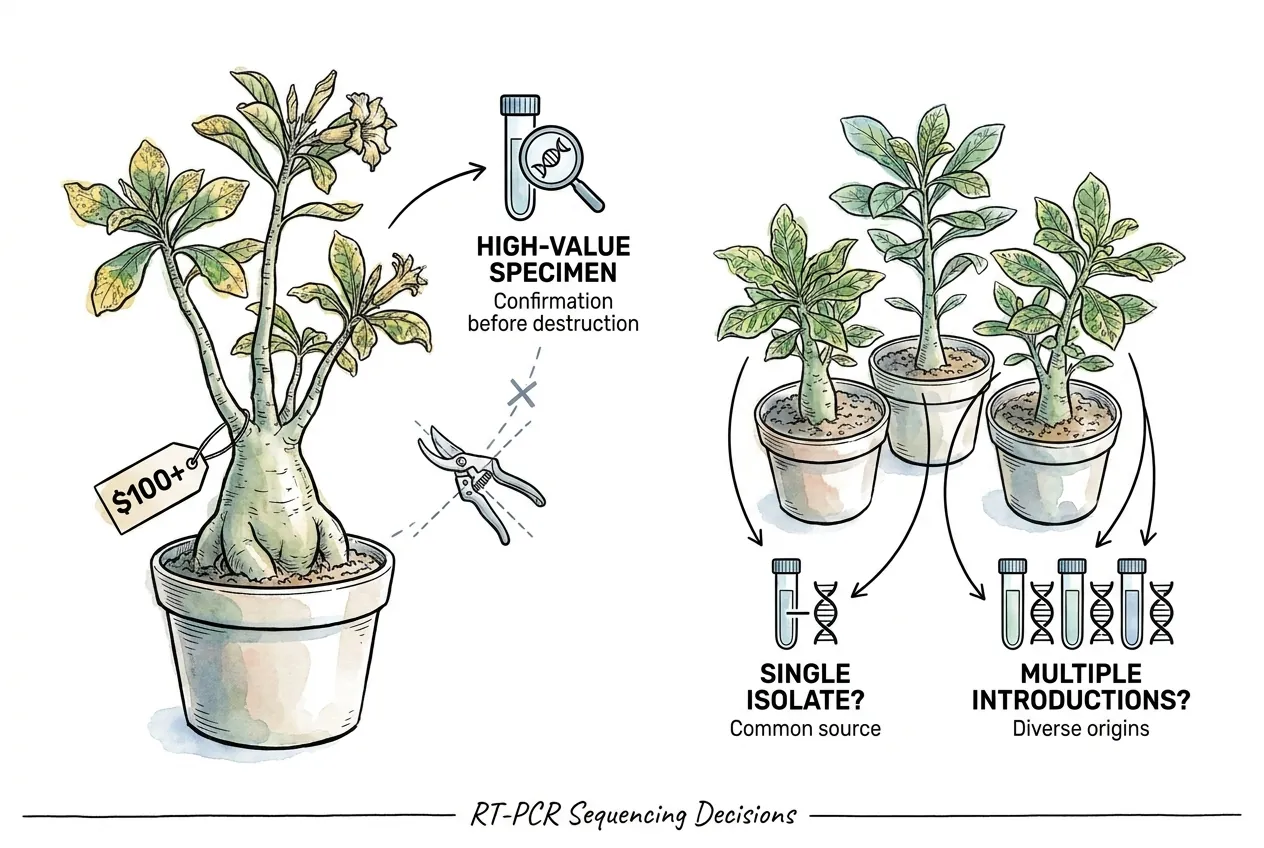 Laboratory RT-PCR tubes alongside high-value mature Adenium specimen