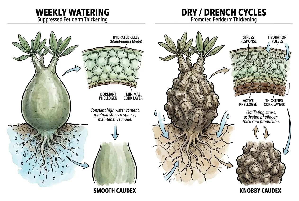 Continuous watering schedule keeping Pachypodium caudex turgid