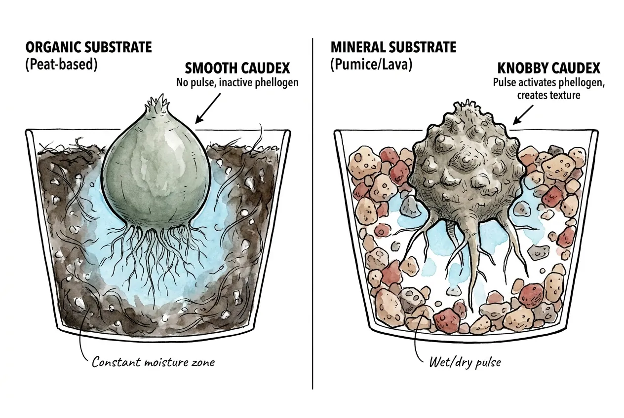Peat substrate retaining moisture around Pachypodium roots