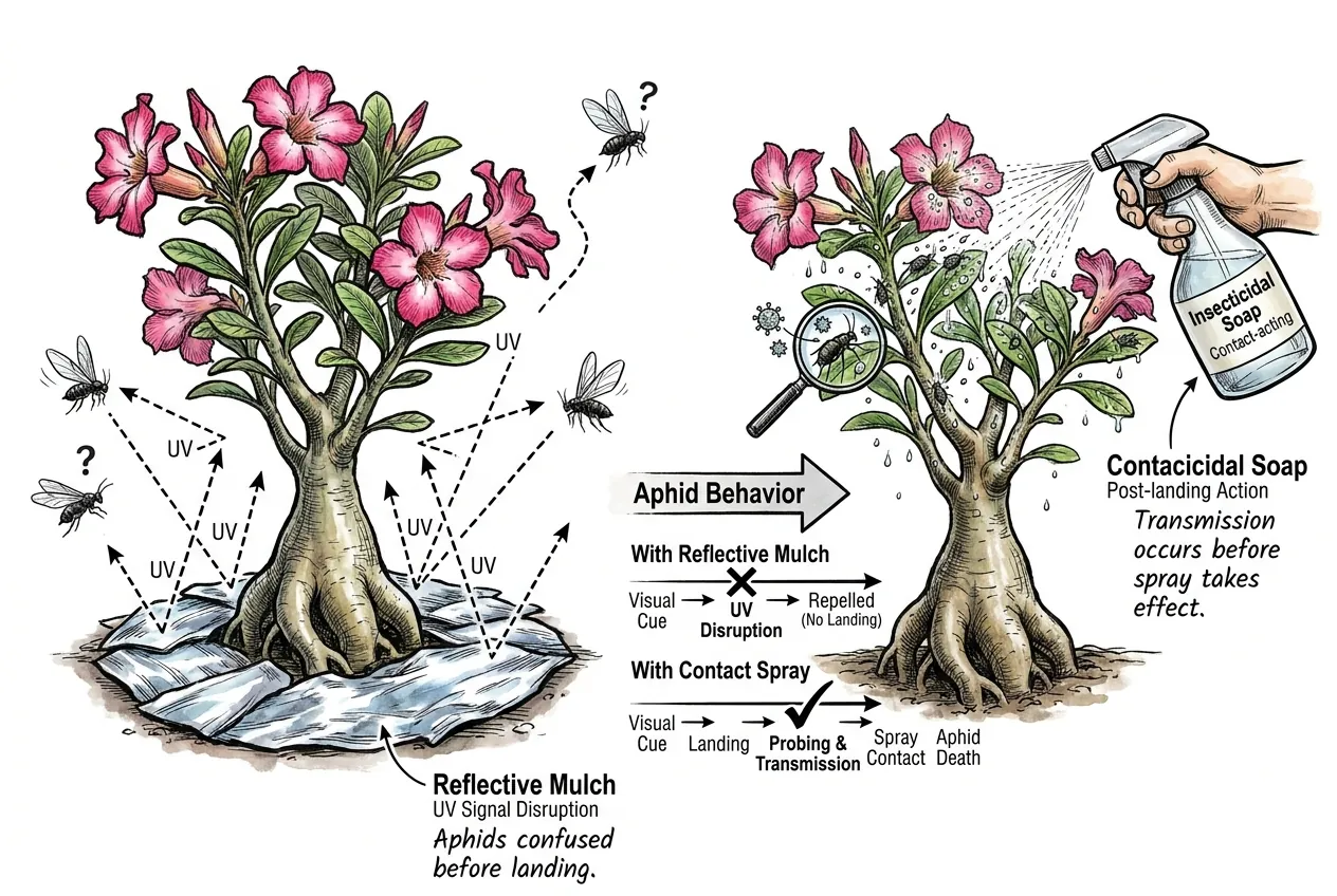 Silver reflective mulch beneath Adenium pots disrupting aphid landing
