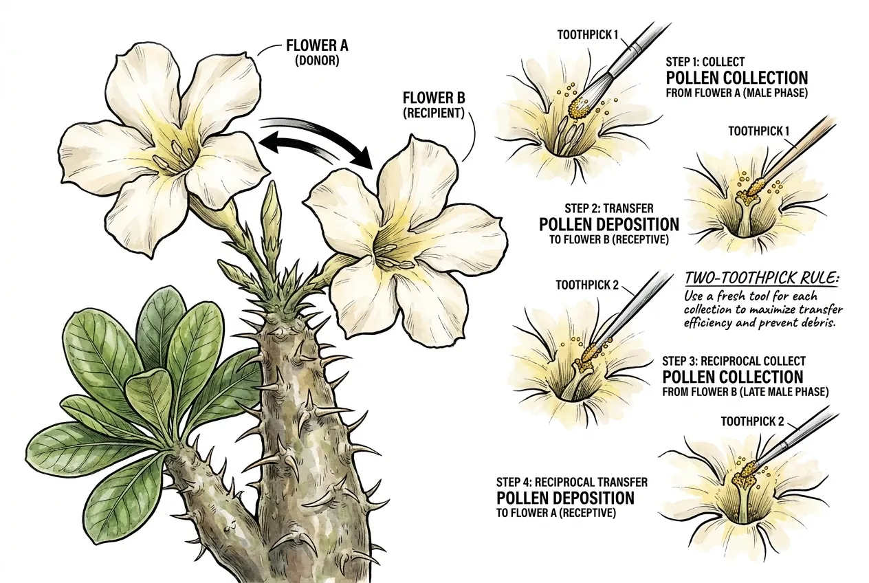 Cross-pollinating two flowers on the same Pachypodium plant