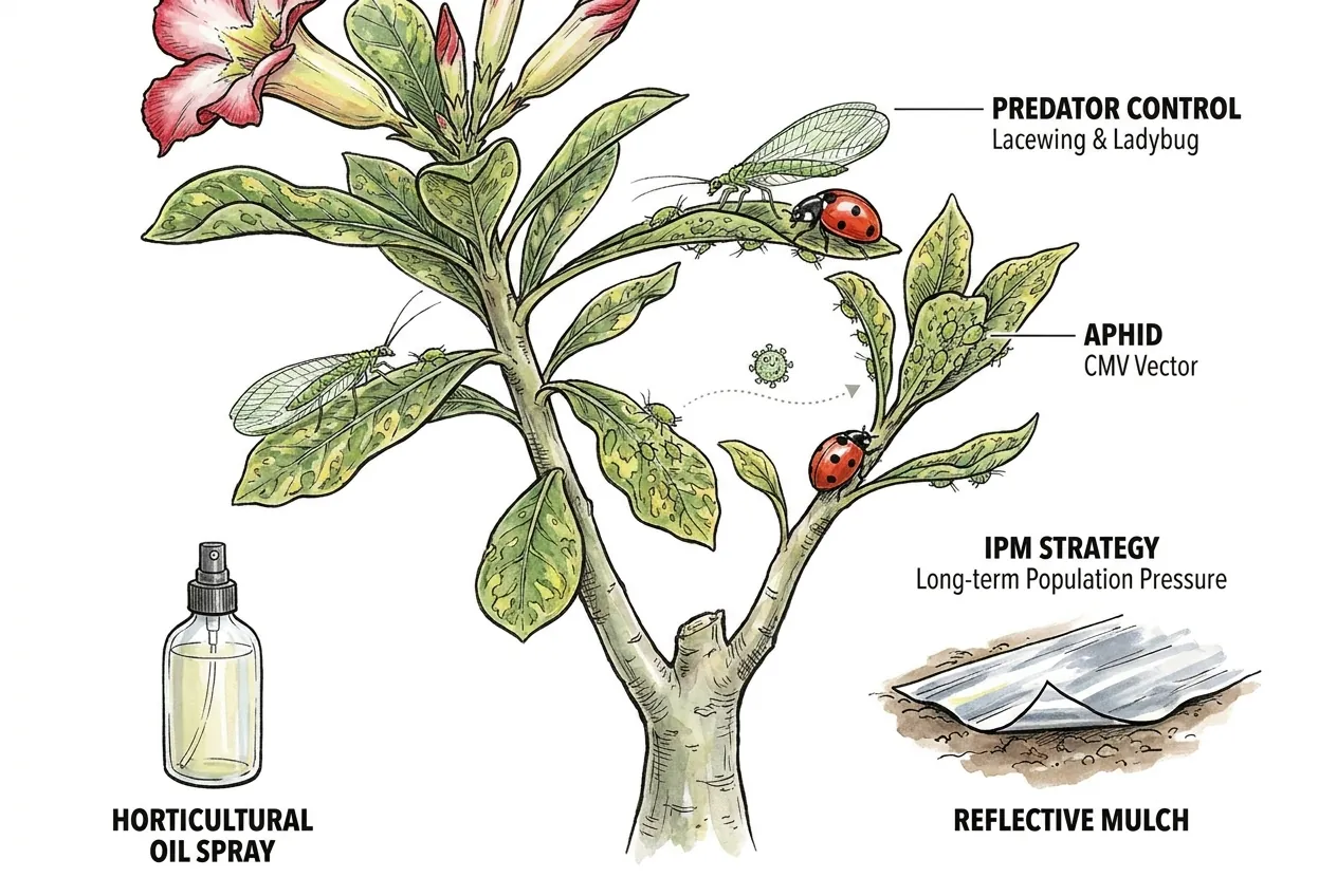 Lacewing larva and ladybug feeding on aphid colony