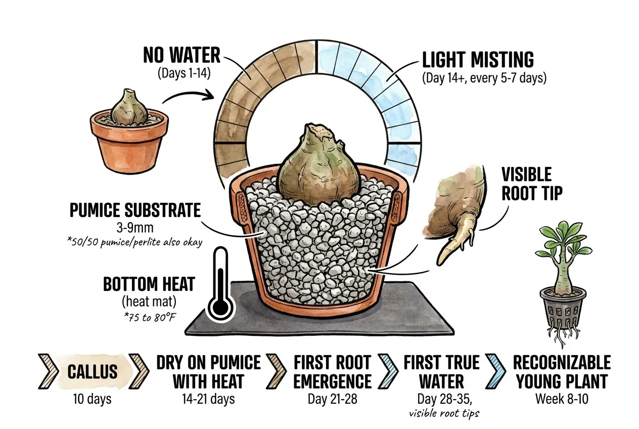 Pumice substrate and bottom heat for adenium re-rooting
