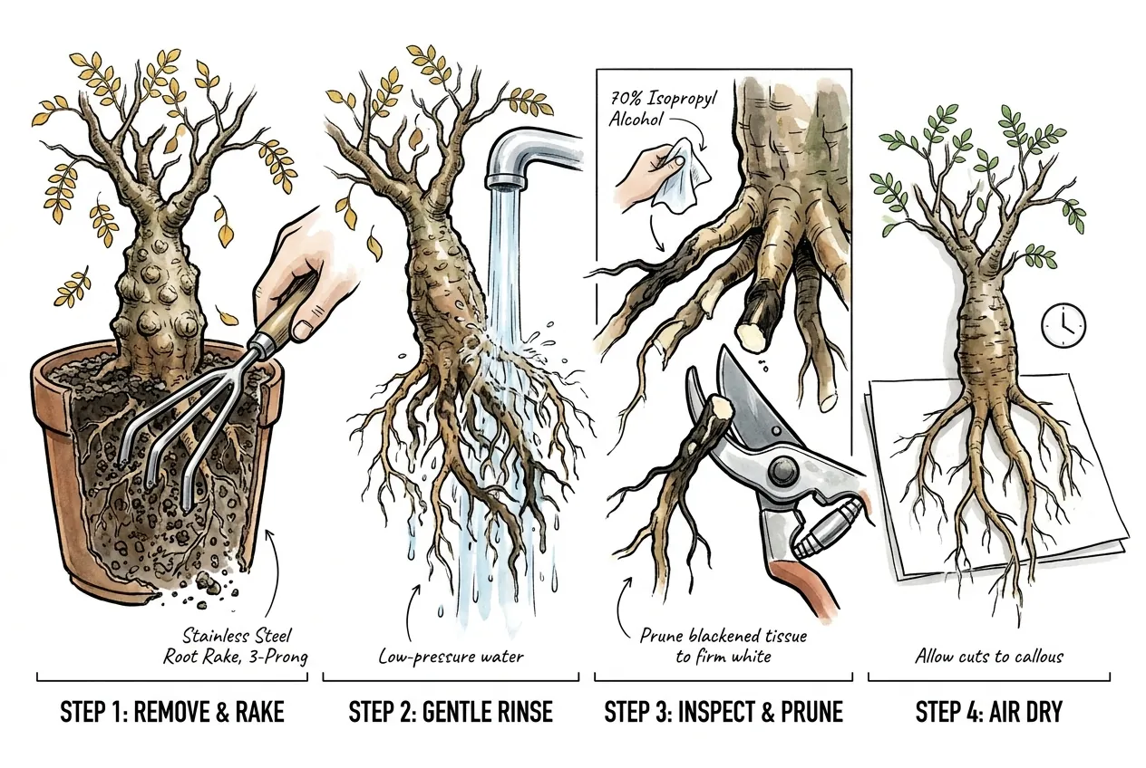 Bare-rooted caudex with sterile pruners trimming dead roots