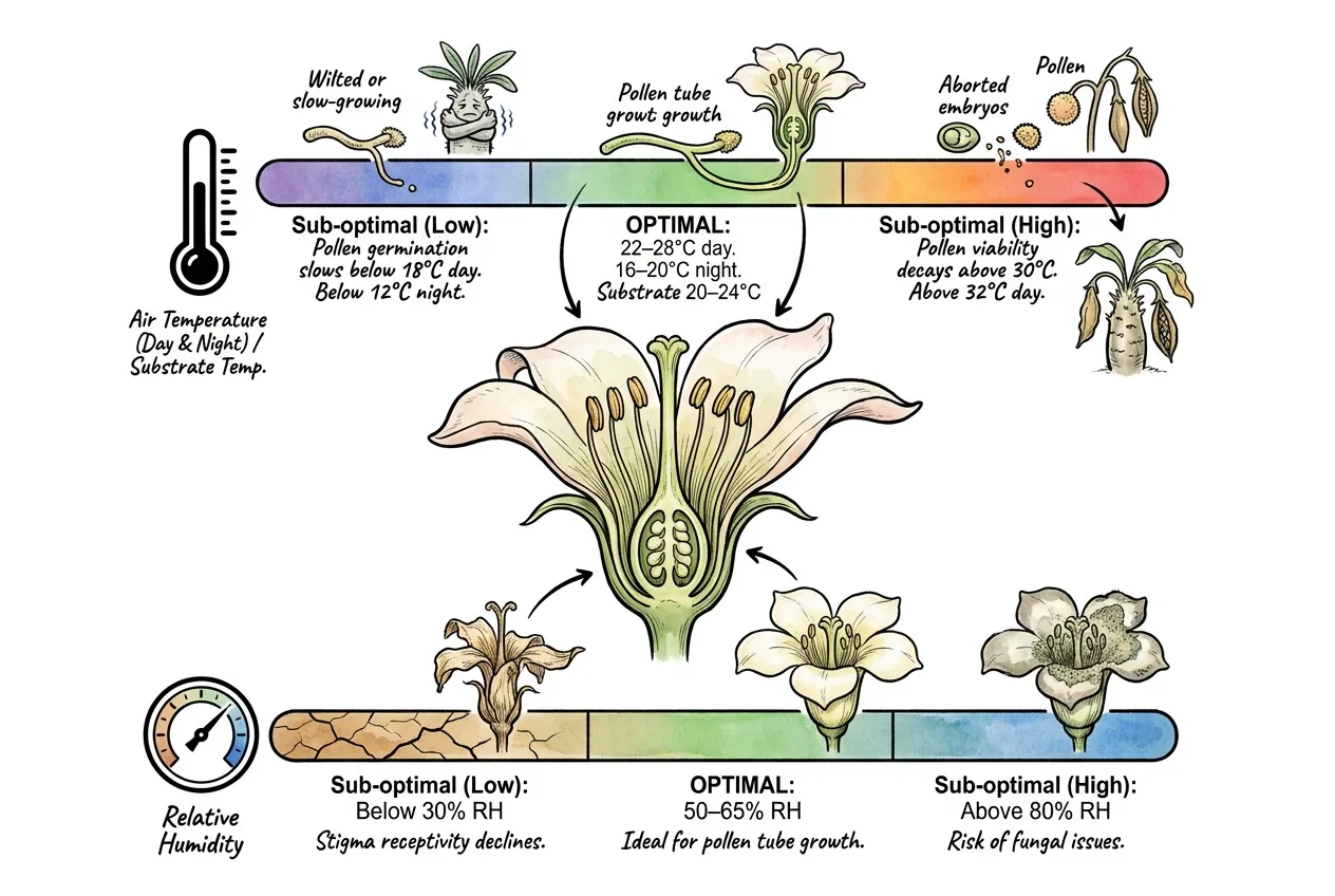 Temperature and humidity ranges for indoor Pachypodium pollination