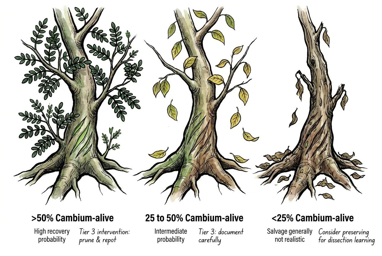 Multiple cambium scratches around root collar circumference