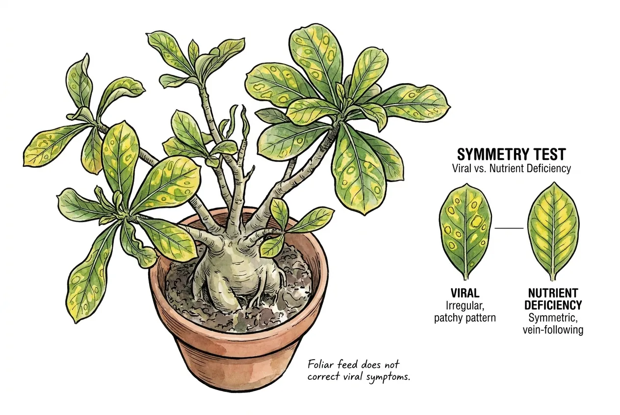 Symmetric interveinal yellowing on older Adenium leaves indicating deficiency