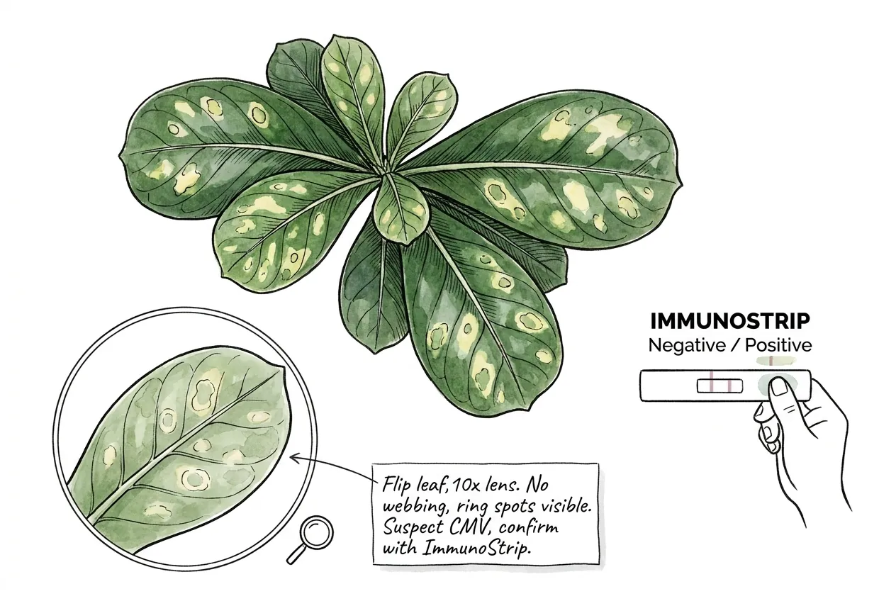 Irregular ring-shaped lesions with green centers on Adenium leaf