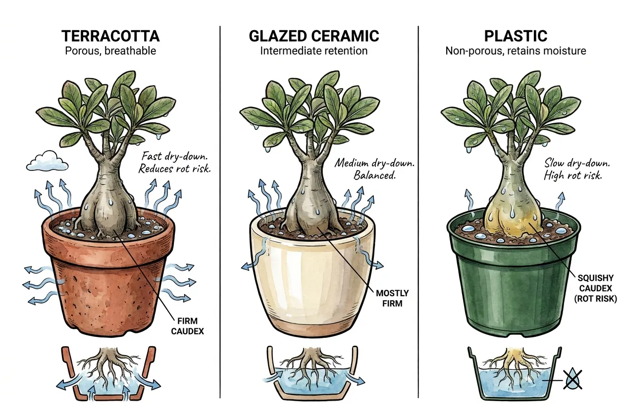 Terracotta, glazed, and plastic pots compared for drying rate