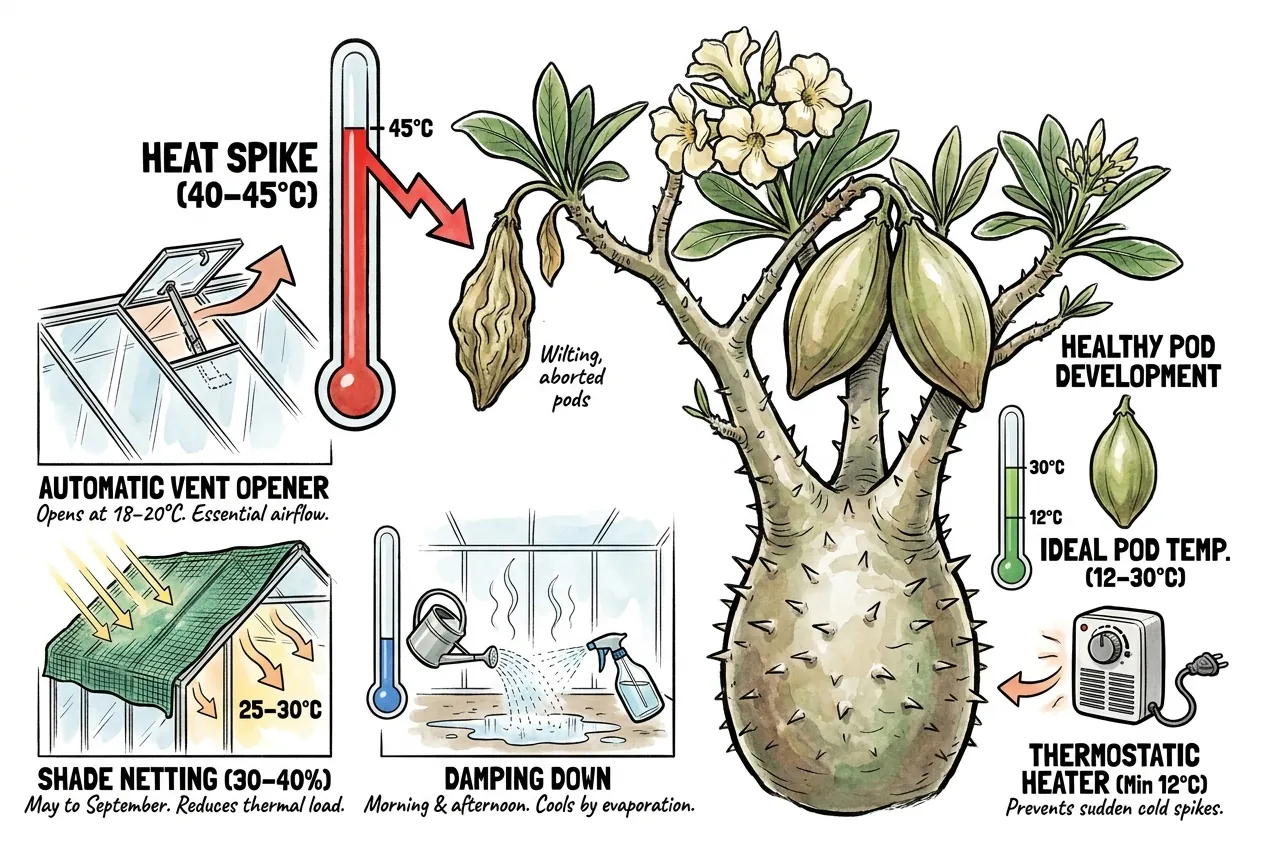 UK greenhouse heat management during Pachypodium pod development