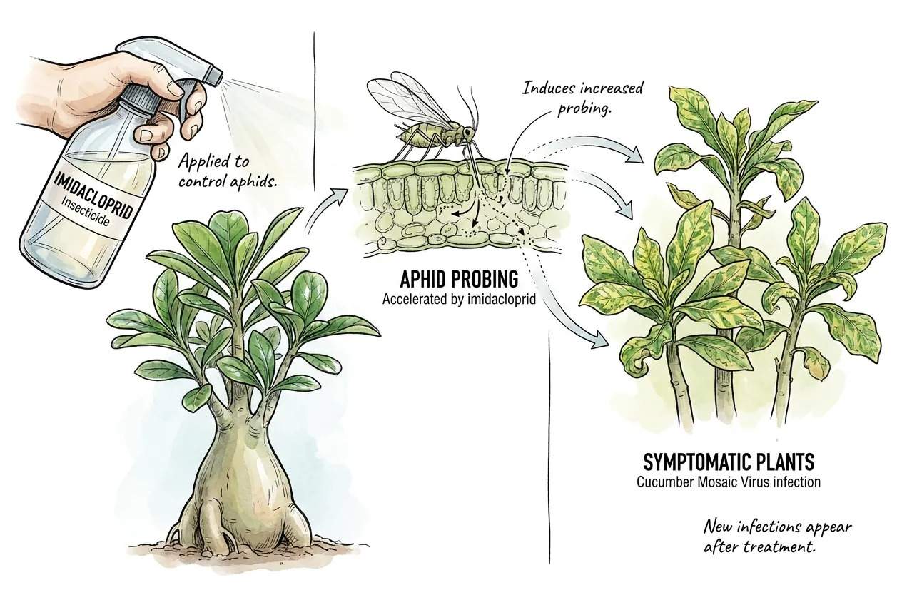 New symptomatic Adenium plants appearing after neonicotinoid spray application