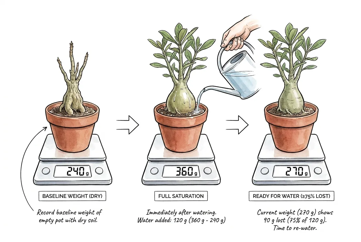 Kitchen scale weighing potted adenium to track water consumption