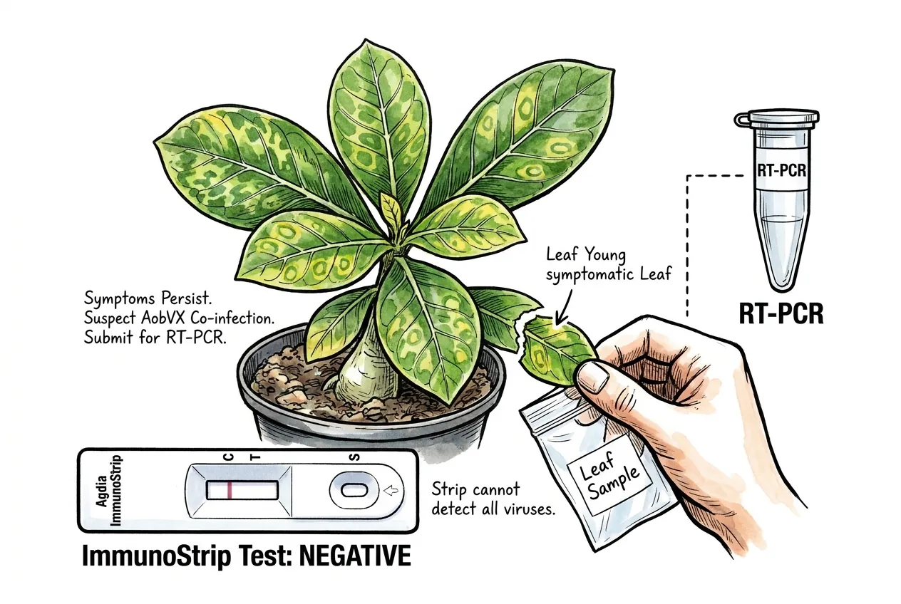 Symptomatic Adenium leaf sample packaged for state extension laboratory