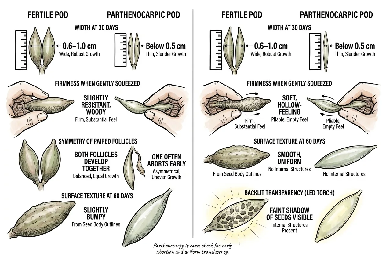 Fertile pod versus empty parthenocarpic pod comparison