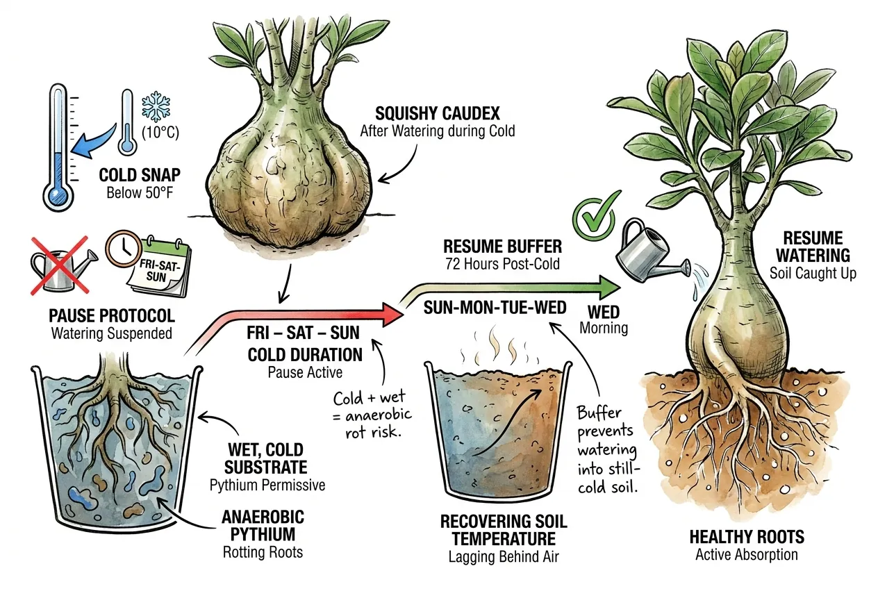 Cold snap pause and resume buffer for adenium watering