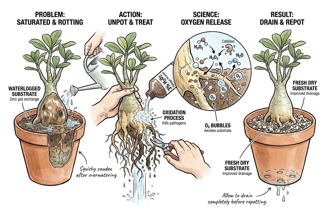 Correct hydrogen peroxide use on drained adenium substrate