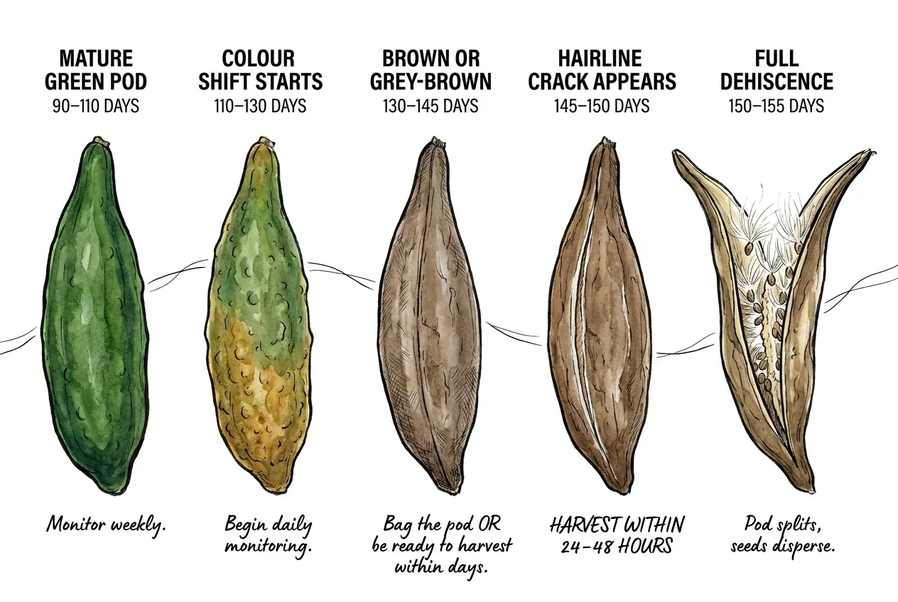 Visual signals showing a Pachypodium pod ready to dehisce
