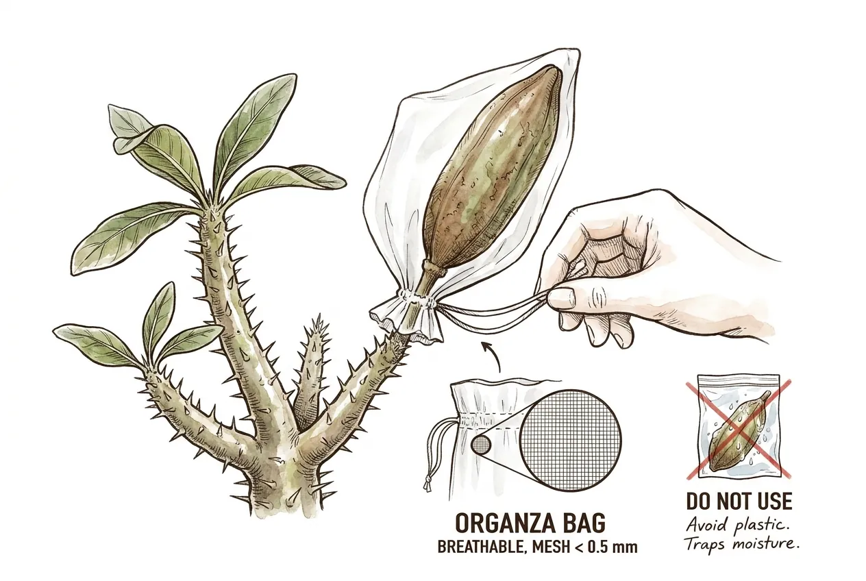 Bagging a ripening Pachypodium pod to prevent seed loss