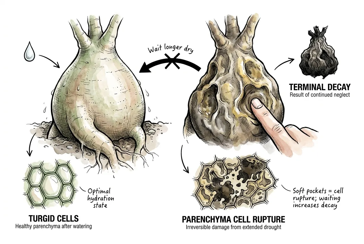 Ruptured caudex cells that cannot recover with more dryness