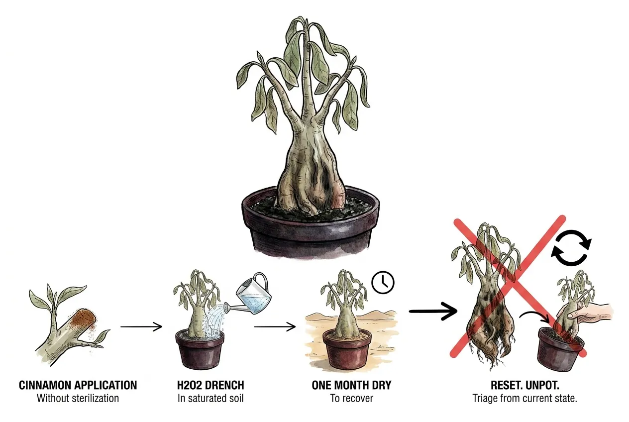 Stacked failed home remedies on declining adenium caudex