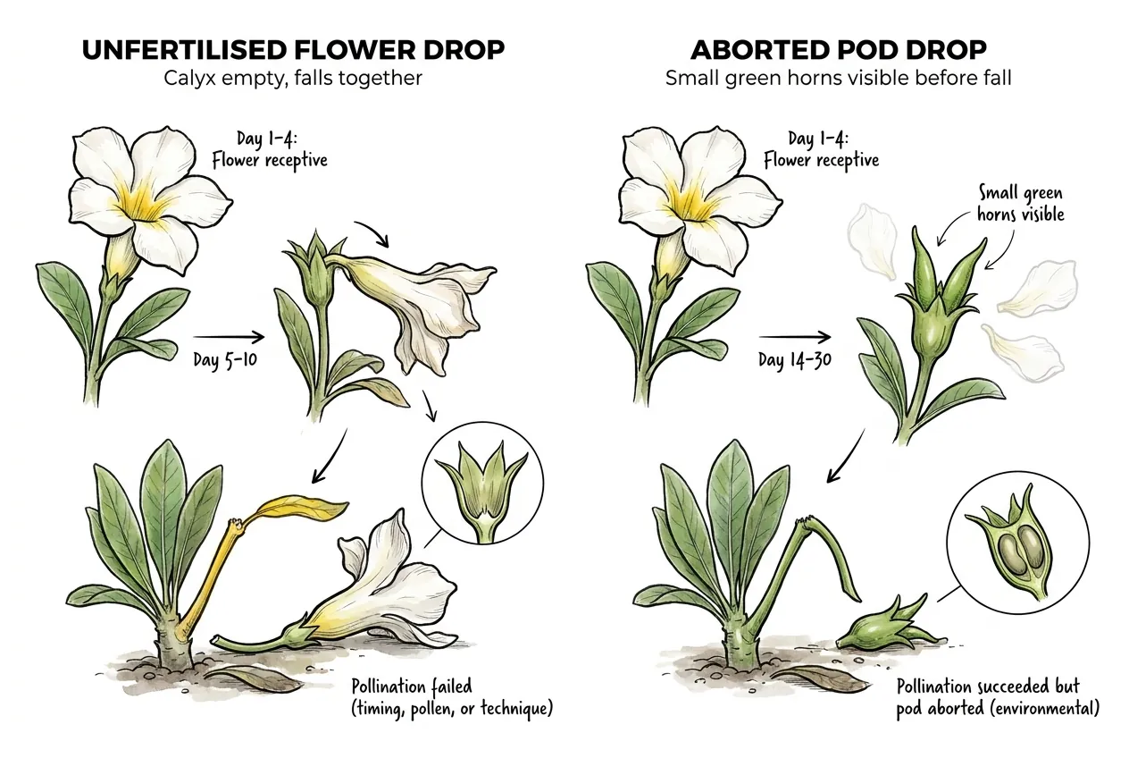Unfertilised flower drop versus aborted pod drop comparison