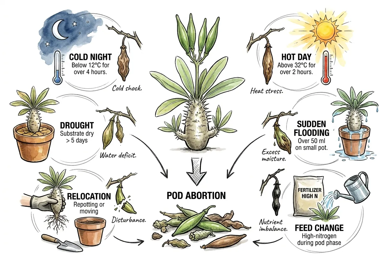 Environmental shocks that trigger Pachypodium pod abortion